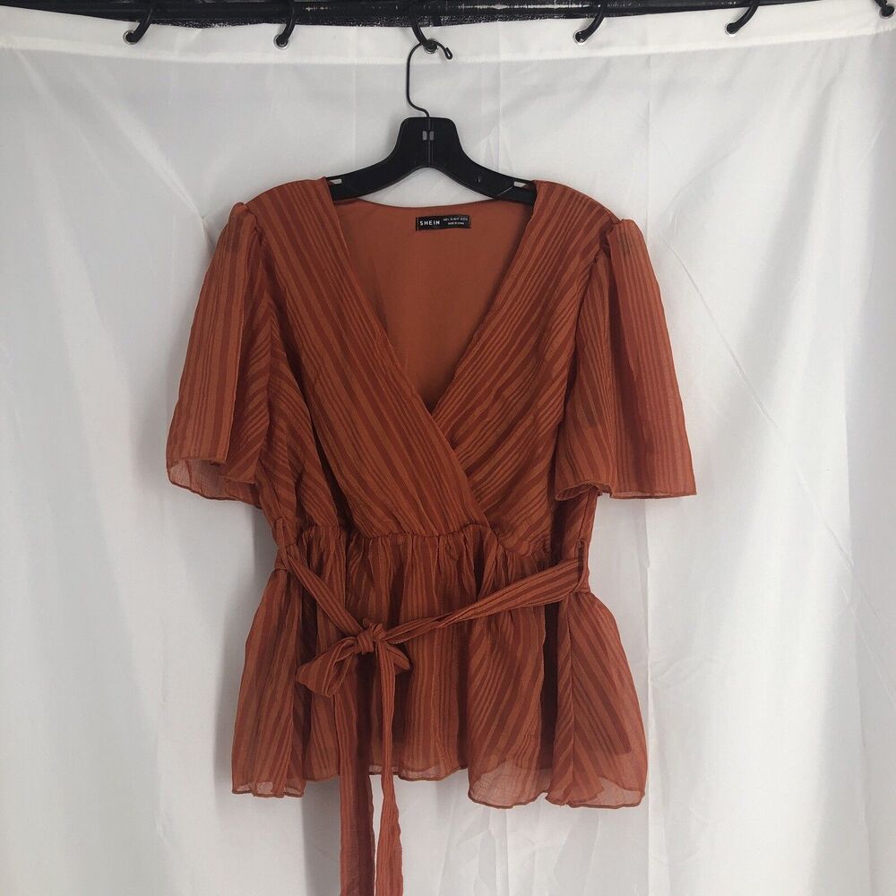 Shein Curve Women’s Shirt Large Orange Short Sleeve V Neck Blouse Top